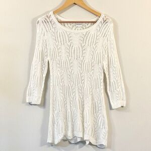 White Pointelle Open Knit Sweater Parisian Chic 3/4 Sleeve Top Sz Medium